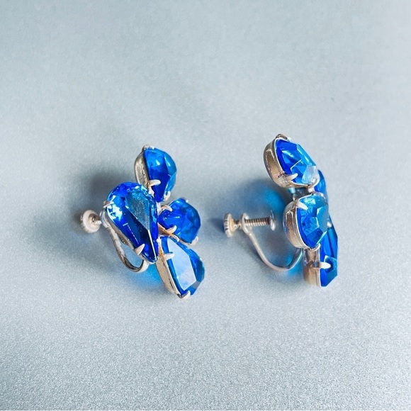Vintage Blue Rhinestone Crystal Cluster Sterling Silver Clip On Screw Ea… - Picture 3 of 7